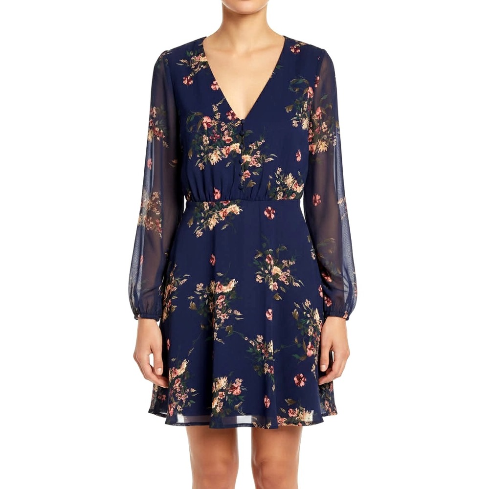 Lulus Floral Print Midi Dress Long Sheer Sleeves Zip Back Size Small Blue belted